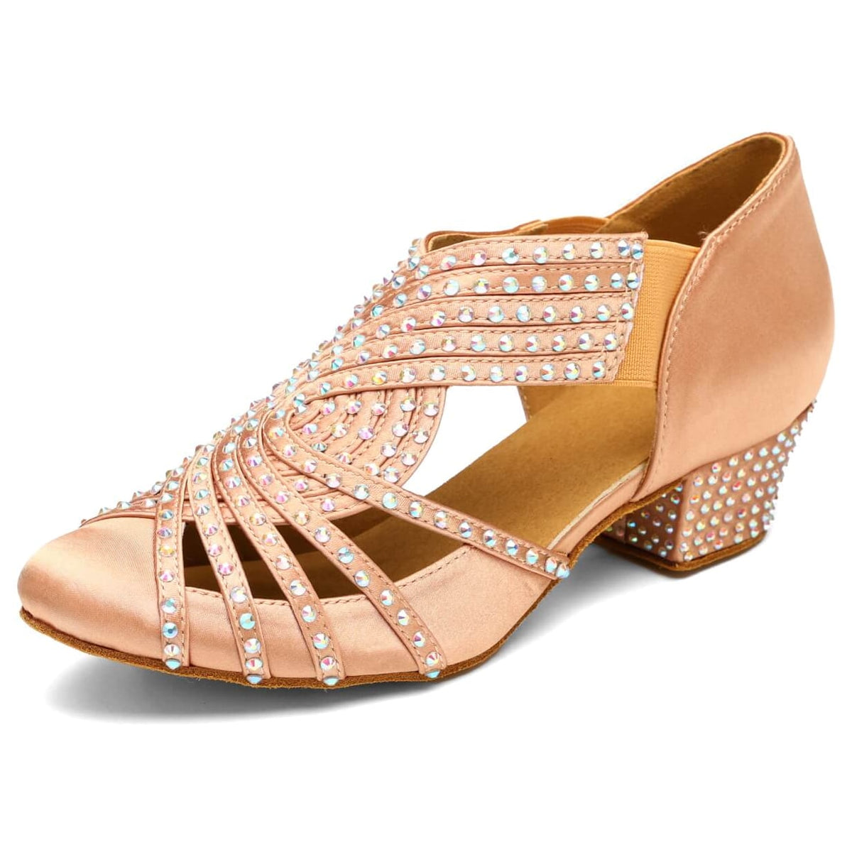 nude satin closed-toe ballroom dance shoe for women, rhinestone fan-pattern vamp, 1.5 inch cuban heel