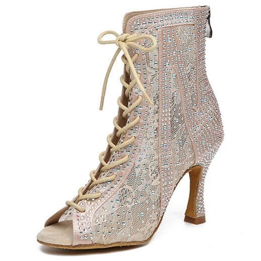 nude rhinestone-covered lace-up peep-toe latin dance boot for women, flared heel and back zip