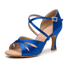 Royal blue latin dance shoe for bachata and salsa, satin upper with two crossed toe bands, closed heel cup and flared heel