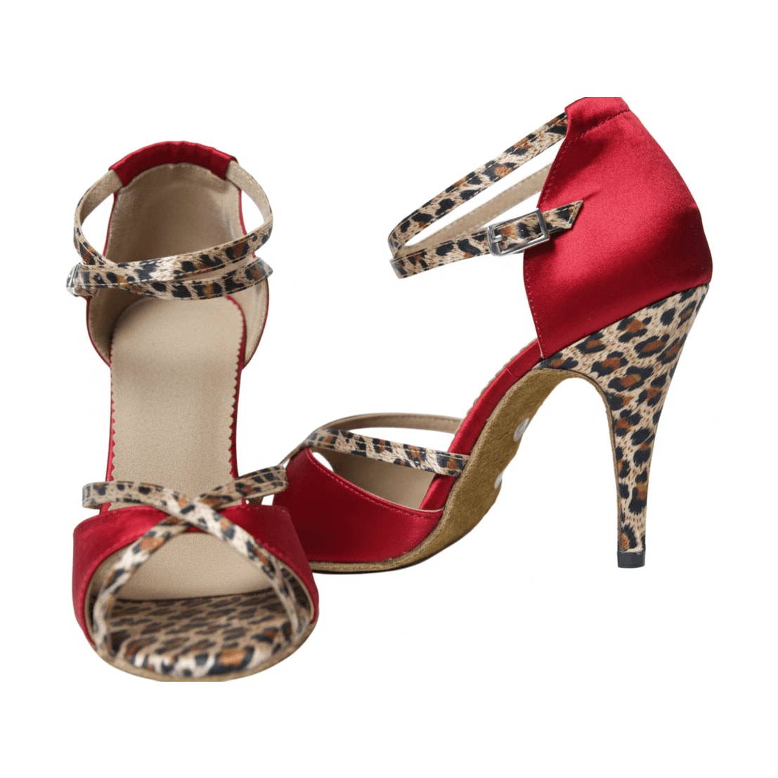 pair of red satin latin dance shoes for women with leopard print trimmed straps, peep toe and a leopard covered stiletto heel