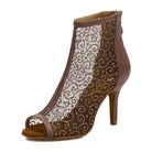 coffee brown satin dance boot for women with gold swirl embroidered mesh panel and back zip