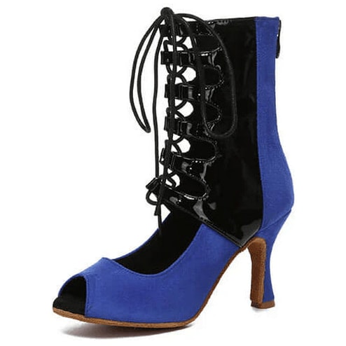 royal blue suede open-toe dance boot for women, black patent lace-up panel and curved flared heel