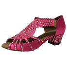 hot pink satin dance shoe for women with low block heel and rhinestone-studded caged straps