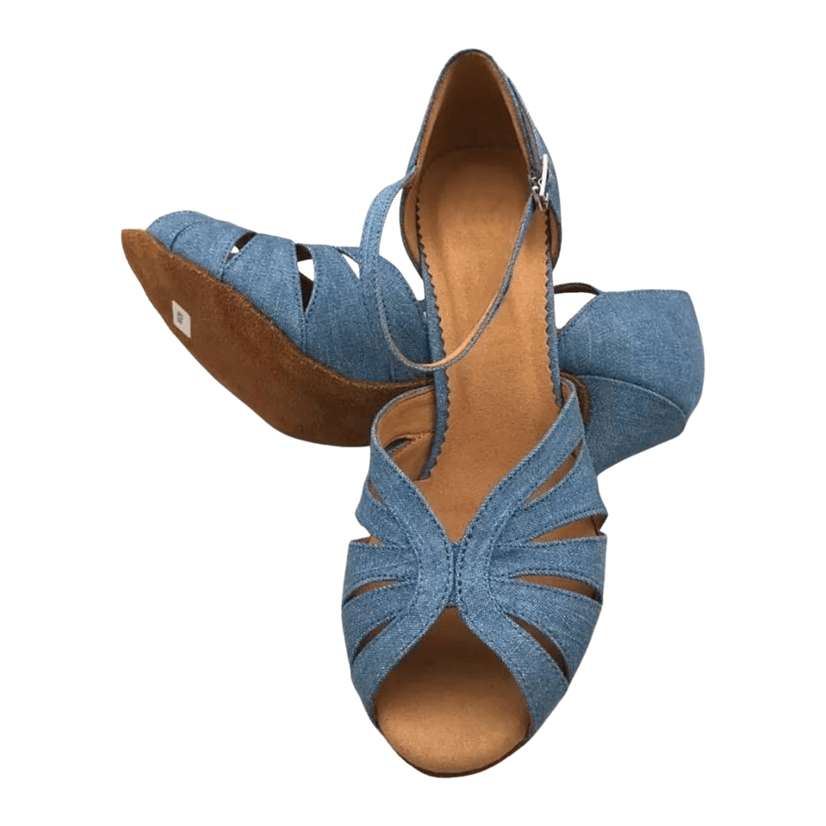 pair of denim latin dance shoes for women with a fanned cutout vamp, scalloped ankle strap and a low block heel