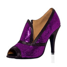 purple sequin latin dance boot for women with black satin trim, front zip, peep toe and a stiletto heel