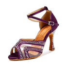 purple satin latin dance sandal for women with mesh panels and rhinestone-lined straps