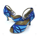 pair of light blue satin latin dance shoes for women with royal blue looped trim, peep toe and flared heels