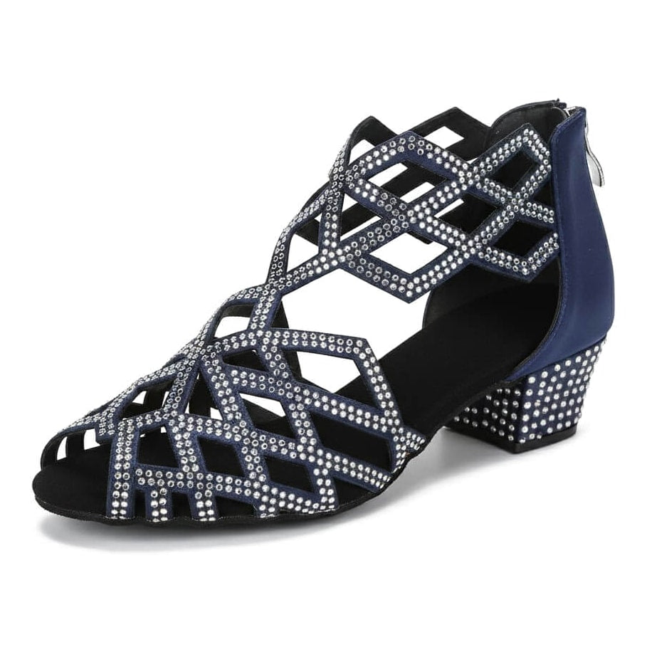 navy blue dance shoe for women with low cuban heel and rhinestone-lined geometric cutout upper