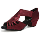 burgundy satin latin dance shoe for women with a fanned multi-strand vamp, ribbed stretch side panel and a low block heel