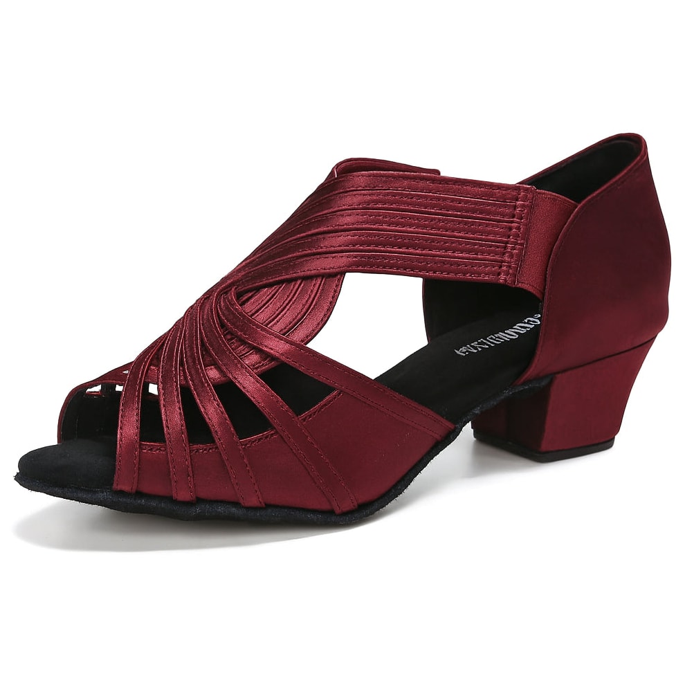 burgundy satin latin dance shoe for women with a fanned multi-strand vamp, ribbed stretch side panel and a low block heel