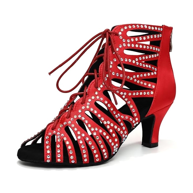 red satin caged cutout dance boot for women, rhinestone-dotted straps and low flared heel