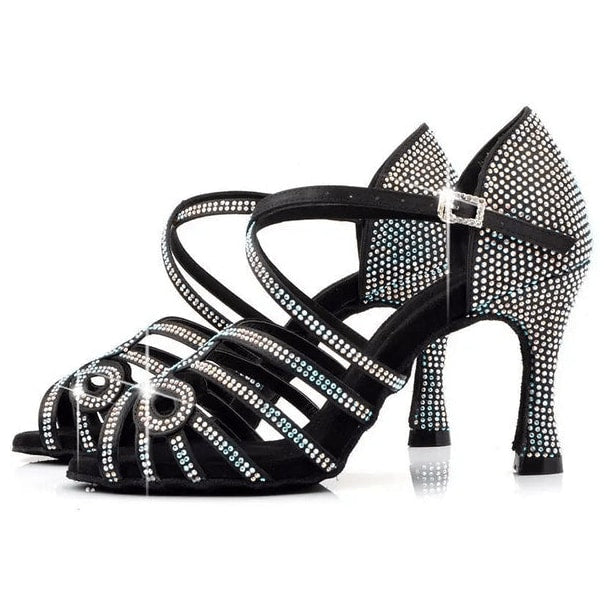 pair of black rhinestone latin dance shoes for women with crystal swirl heel counter and open toe