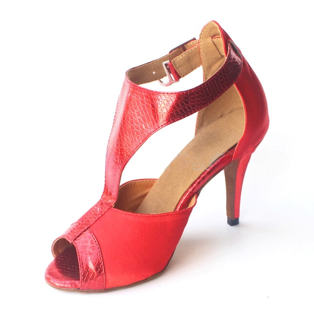 red satin latin dance shoe for women with a red snakeskin print T-strap, peep toe and a slim stiletto heel
