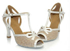 Champagne glitter Latin dance shoes side view, white satin T-strap open toe sandal with bow and flared heel