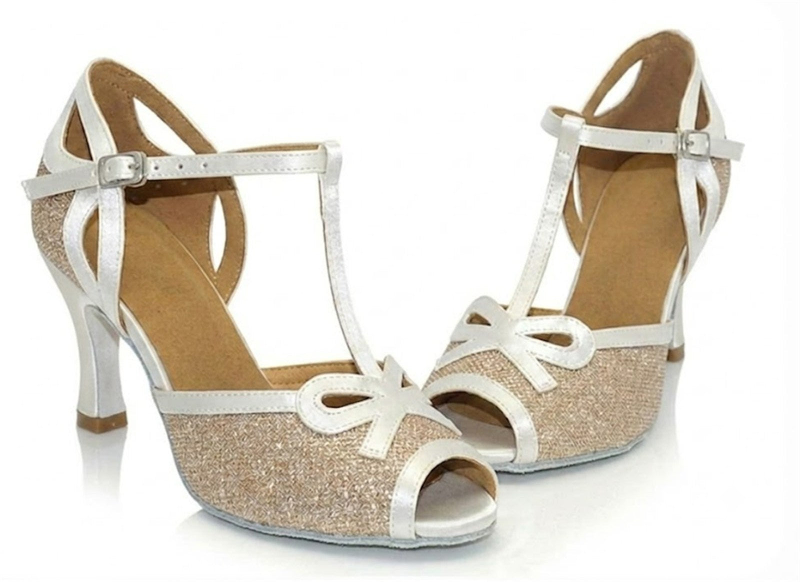 Champagne glitter Latin dance shoes side view, white satin T-strap open toe sandal with bow and flared heel
