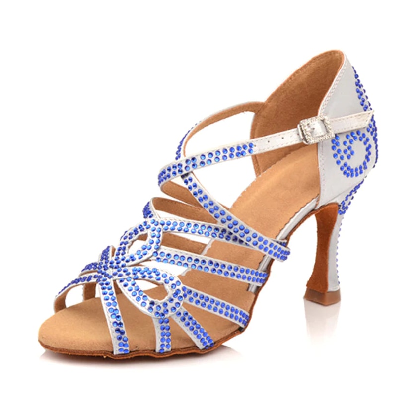 white satin dance shoe for women with blue rhinestone swirl straps and crystal-set flared heel