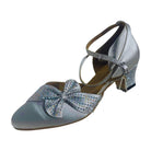 silver satin closed-toe waltz ballroom dance shoe for women, rhinestone bow, crisscross ankle strap, flared heel