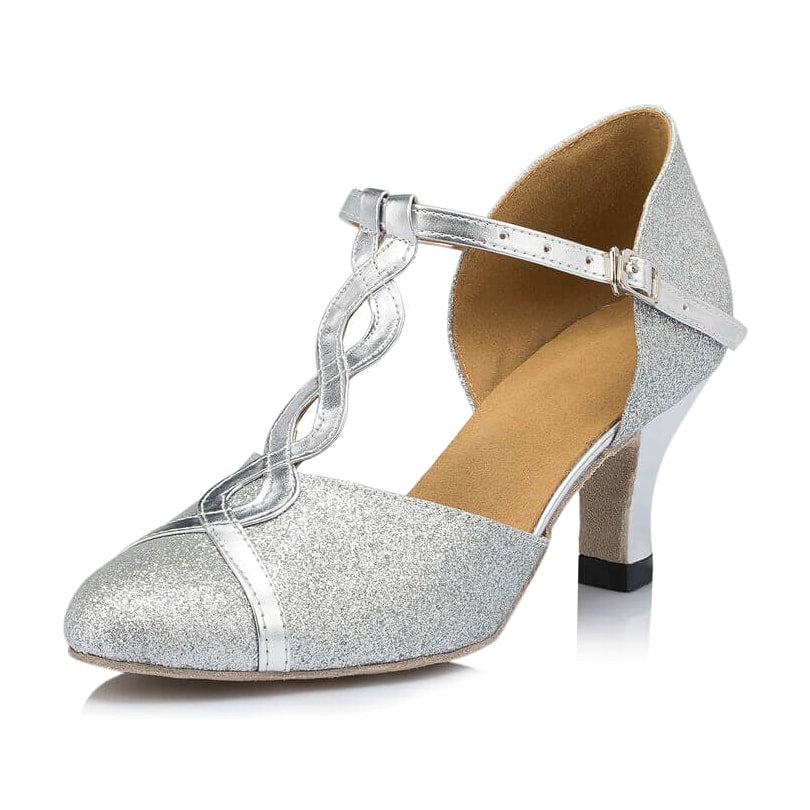 silver glitter closed-toe ballroom dance shoe for women, twisted t-strap detail and curved heel