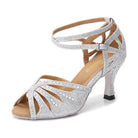 silver glitter diamante ballroom dance shoe for women, rhinestone fan toe design and crossed ankle strap
