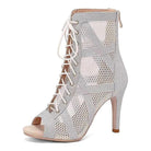 silver glitter lace-up open-toe dance boot for women with honeycomb mesh panels and back zip
