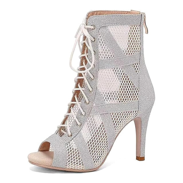 silver glitter lace-up open-toe dance boot for women with honeycomb mesh panels and back zip