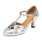 silver glitter closed-toe ballroom wedding dance shoe for women, t-strap cutout vamp, flared heel