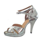 silver metallic samba platform dance heel for women with crossover toe straps, crossed ankle straps and a tall stiletto heel