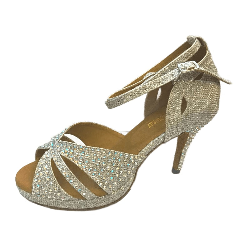 silver glitter samba platform dance shoe for women, crystal-scattered toe straps and ankle buckle