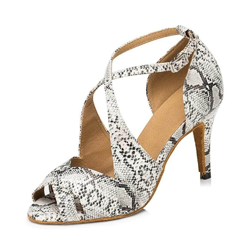 snakeskin print latin dance shoe for women with crossed instep straps, peep toe and a slim stiletto heel