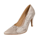 Beige snakeskin print dance shoe for women, pointed toe heels dance pump with a slim stiletto heel and tan lining