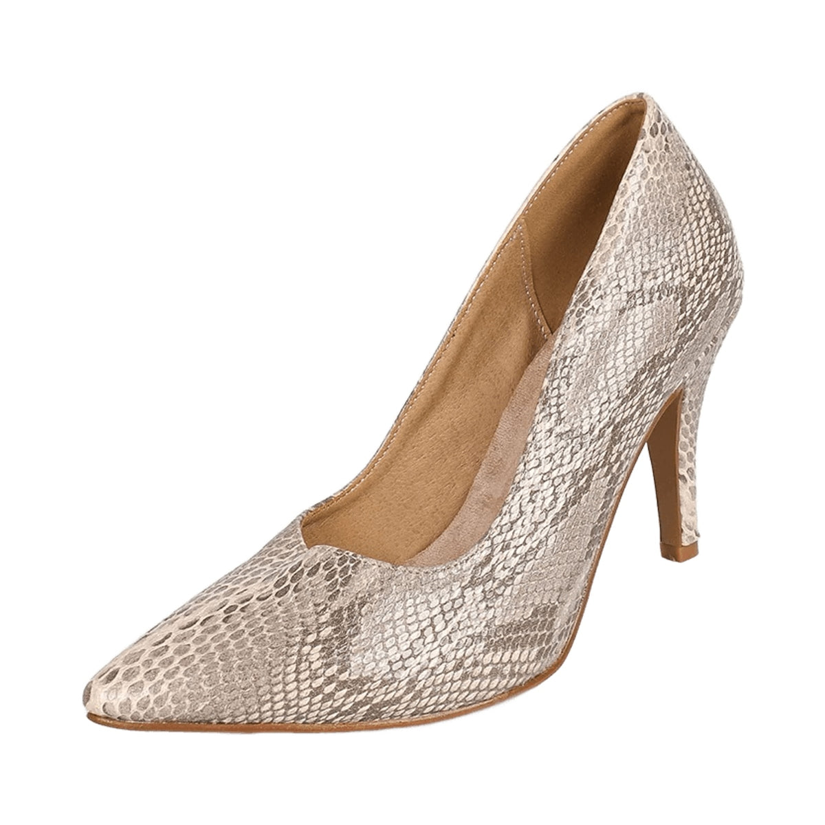 Beige snakeskin print dance shoe for women, pointed toe heels dance pump with a slim stiletto heel and tan lining