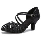 black satin sparkly dance shoe for women with caged black rhinestone straps and open toe