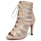 nude leather lace-up open-toe dance boot for women with mesh stripe panels and gold eyelets