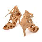 tan suede woven strappy lace-up dance boot for women with open toe and slim stiletto heel