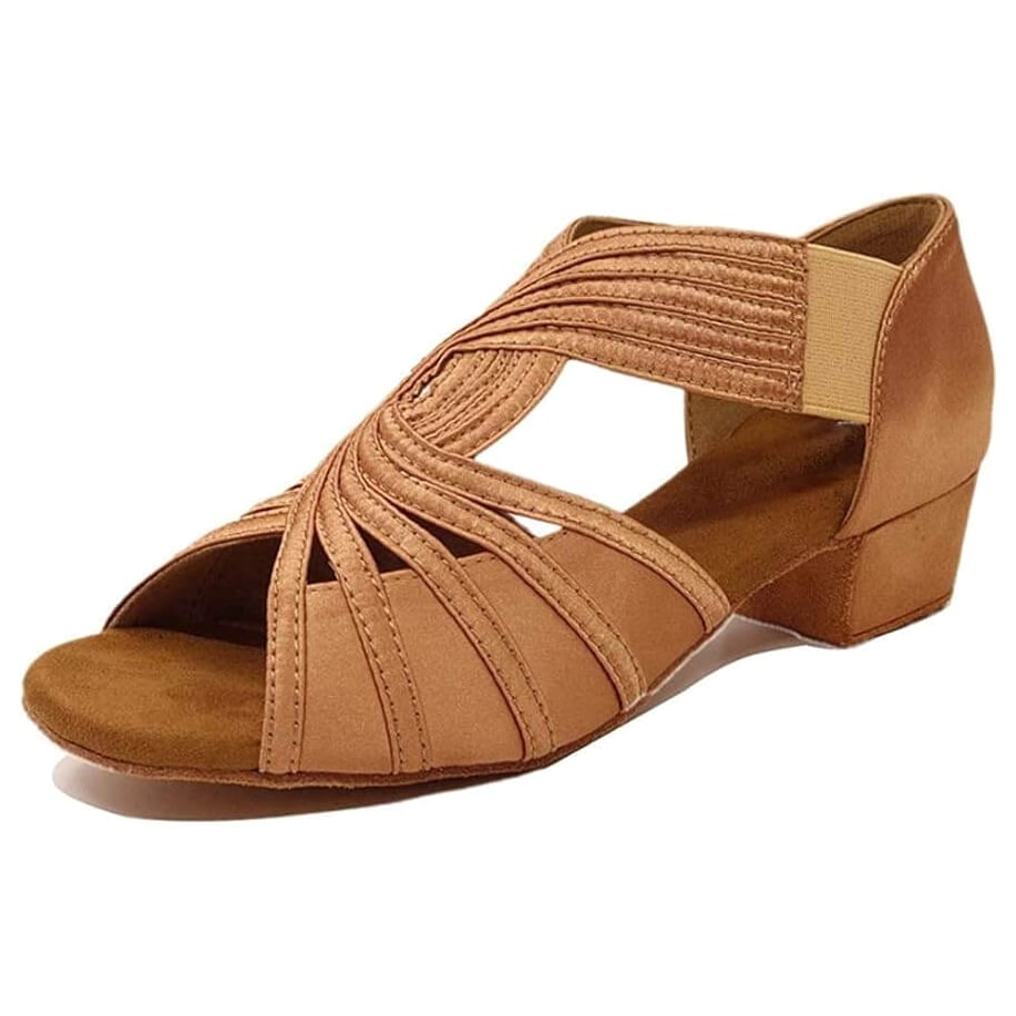 tan latin dance shoe for women with a fanned multi-strand vamp, ribbed stretch side panel and a low block heel