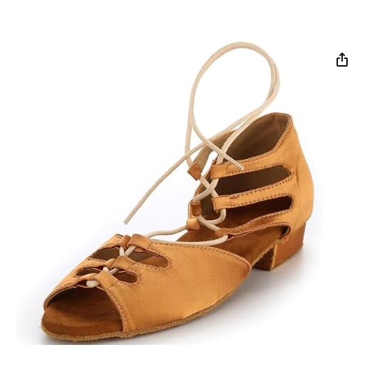 tan satin flat lace-up latin dance shoe for women with cutout side panels, ankle ties and a peep toe