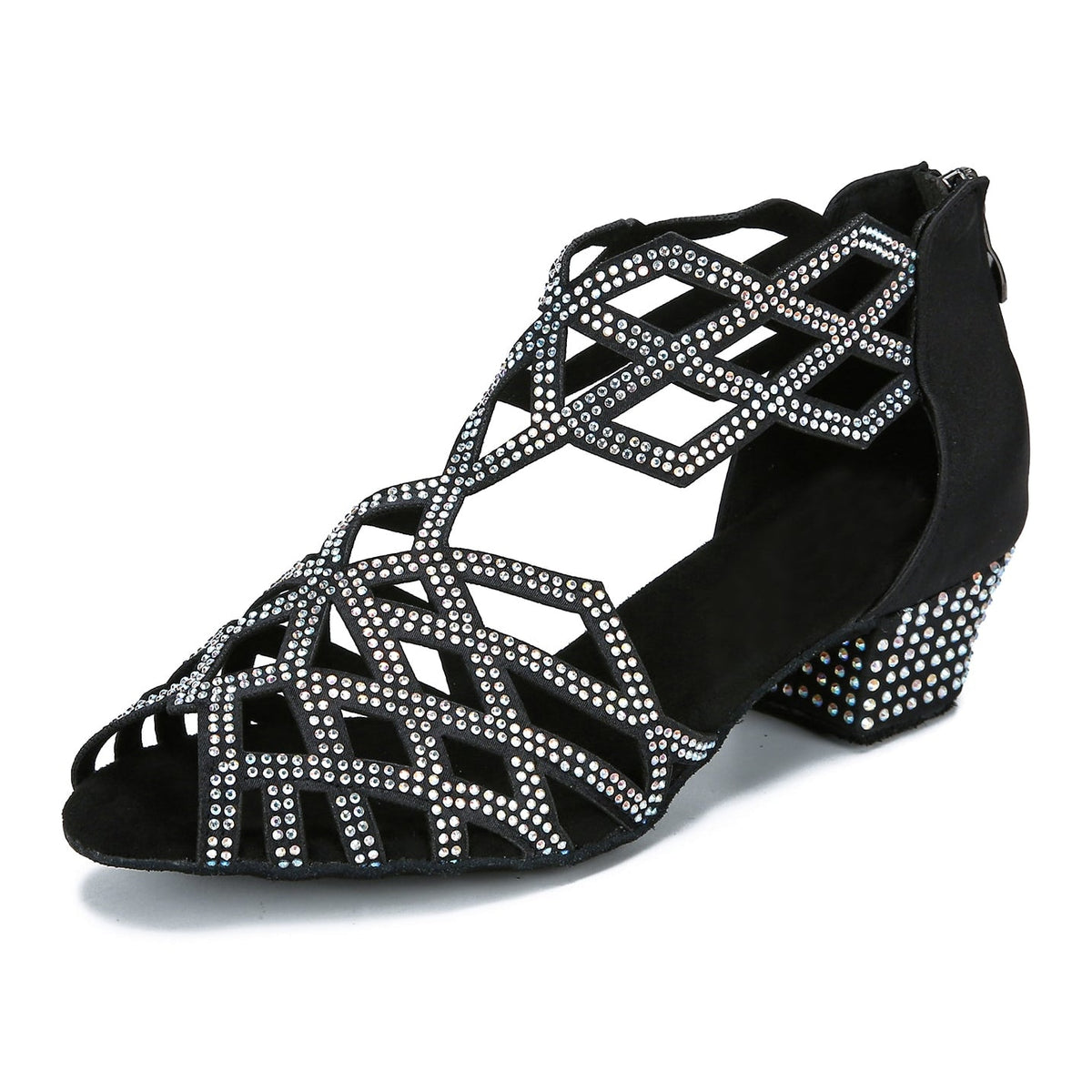 black suede swing dance shoe for women with low cuban heel, geometric rhinestone cutout upper