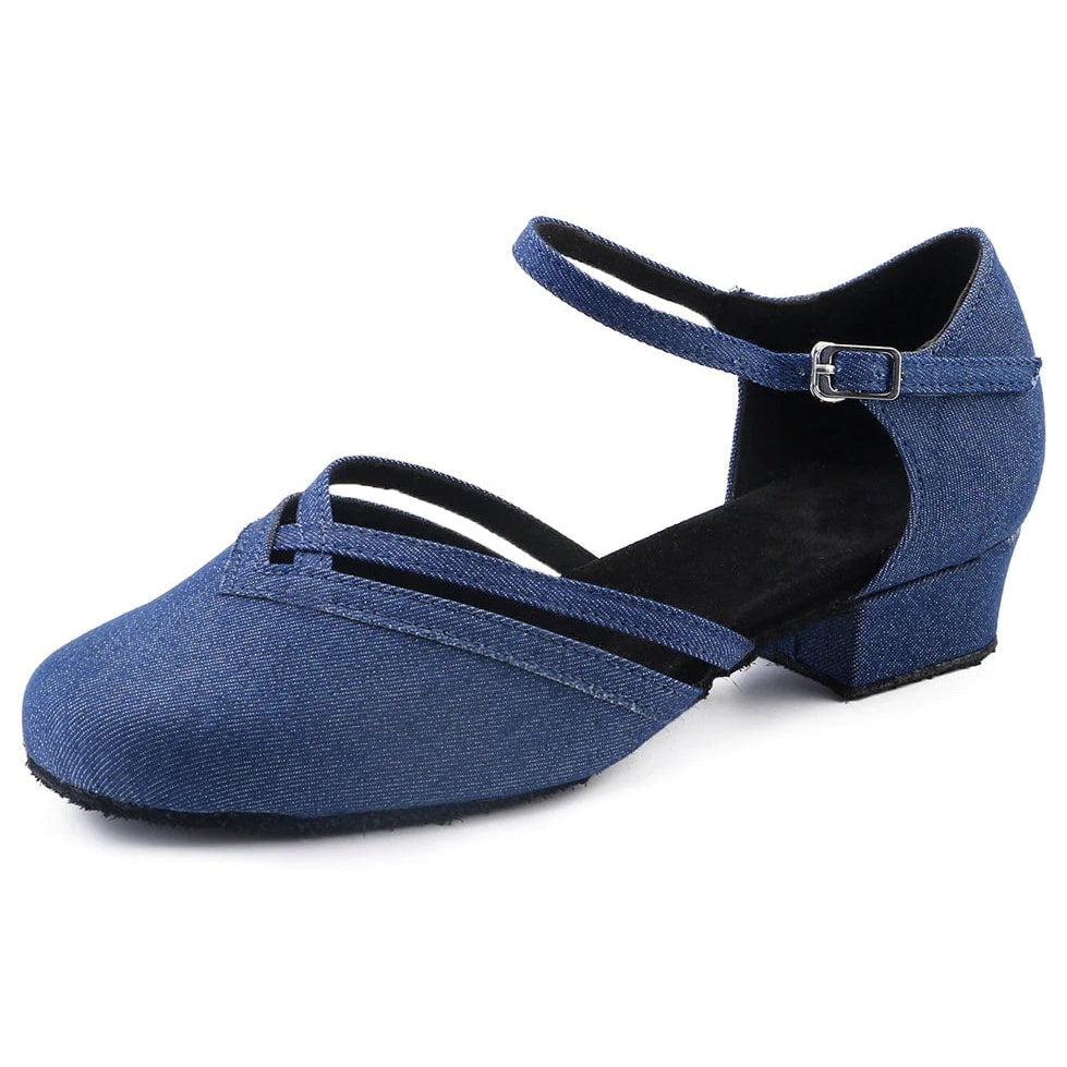 denim blue closed-toe ballroom dance shoe for women, crisscross strap and low cuban heel