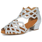 silver glitter swing dance shoe for women with low cuban heel and geometric rhinestone cutout upper