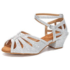 silver glitter swing dance shoe for women with low heel, crystal fan toe and crossed ankle straps