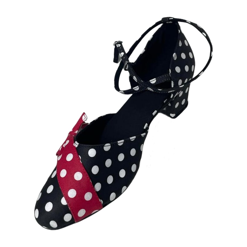 black and white polka dot closed-toe ballroom dance shoe, red satin bow, 1.5 inch cuban heel