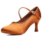 tan satin closed-toe ballroom dance shoe for women, mary jane strap with rhinestone buckle, side view