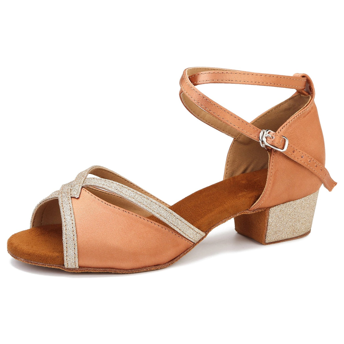 tan satin latin dance shoe for women with gold glitter trimmed crossover straps, crossed ankle strap and a low glitter block heel