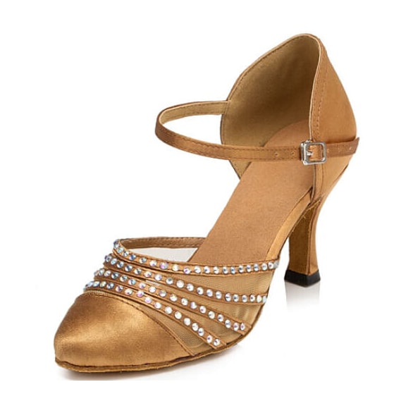 tan satin closed-toe ballroom dance shoe for women, rhinestone mesh panel and ankle strap
