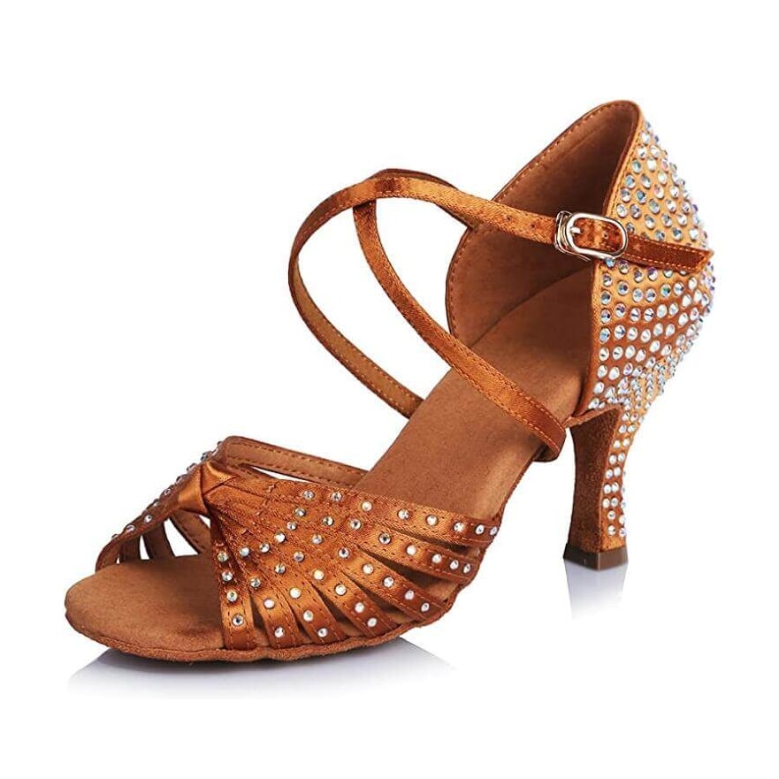 dark tan satin dance shoe for women with ruched crystal-scattered toe and crystal-covered flared heel