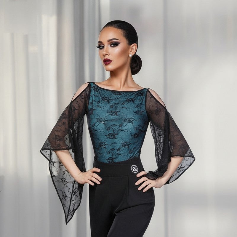 Teal lace cold shoulder ballroom dance leotard, front view