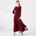 Long Sleeve Ballroom Dance Dress Ruffle Trim Mesh Godet Swing Dress in Burgundy, front view
