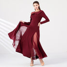 Long Sleeve Ballroom Dance Dress Ruffle Trim Mesh Godet Swing Dress in Burgundy, skirt sweep