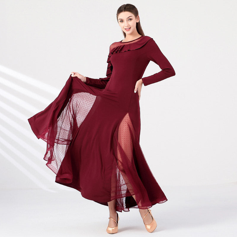 Long Sleeve Ballroom Dance Dress Ruffle Trim Mesh Godet Swing Dress in Burgundy, skirt sweep