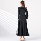 Long Sleeve Ballroom Dance Dress Ruffle Trim Mesh Godet Swing Dress in Black, back view